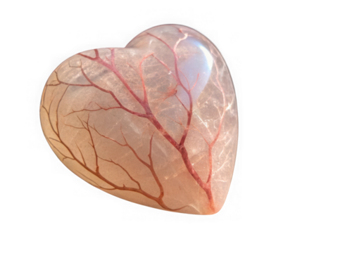 Translucent heart shaped object with vein like structures isolated on transparent background