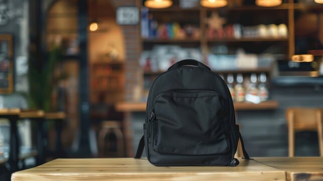 Black backpack on a wooden table with a blurred background of a modern Cafe interior, close-up. concept of back to school