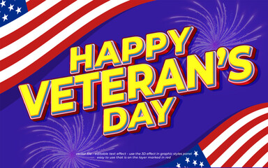 Editable text effect template for Veterans Day with American flag and fireworks background