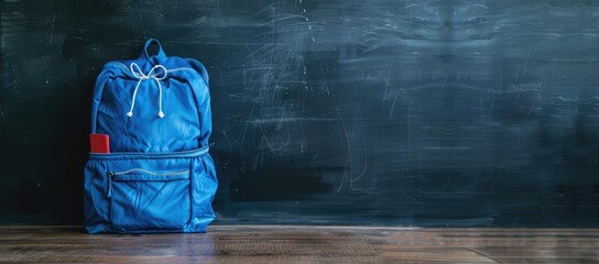 School bag. Backpack with supplies for school on the background of black blackboard. Copy space for text concept of back to school