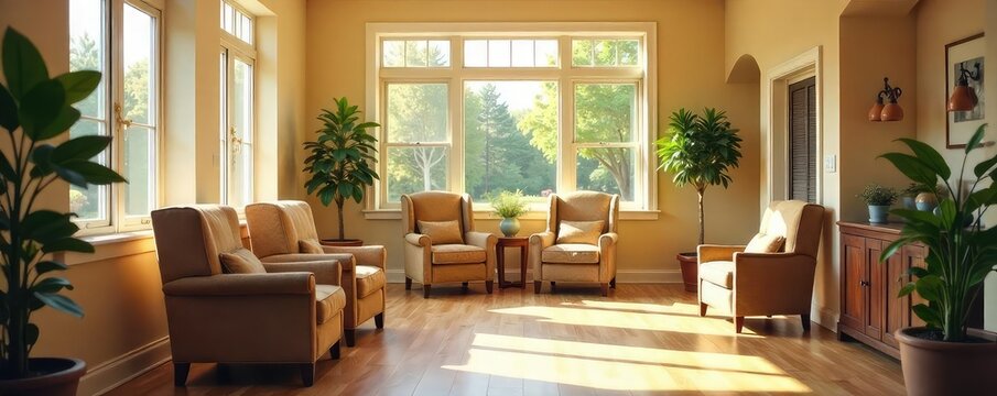 A sunlit senior living facility common room, featuring comfortable armchairs, warm lighting, and potted plants, promoting a sense of calm and community , home decor, window