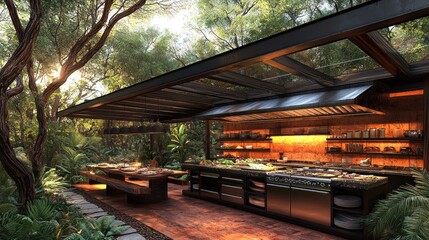 Luxury Outdoor Kitchen in Lush Tropical Forest Setting