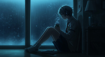 A young woman and her ginger cat find comfort and tranquility on a rainy night, sitting by a window surrounded by cozy lights.