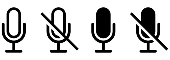 set of outline and vector icons showing microphone and muted microphone. minimal black line symbols for audio, voice input, podcast, mute and sound settings. icons, vector, symbols.