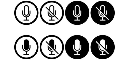set of outline and vector icons showing microphone and muted microphone. minimal black line symbols for audio, voice input, podcast, mute and sound settings. icons, vector, symbols.
