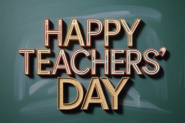 Creative 3D lettering spells Happy Teachers Day against a textured green chalkboard background with subtle chalk dust effects, celebrating educators with a unique design.