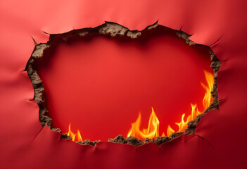 Flames emerge from a torn red paper revealing a vibrant, intense scene of fire and texture