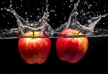Red apples splash into water creating dynamic droplets on a black background