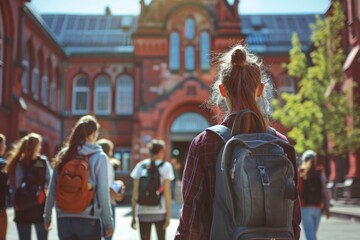 Naklejka premium A group of students with backpacks in front of the entrance to an ancient red brick school, Russian high and middle distance people walking towards them, sunny day, soft light