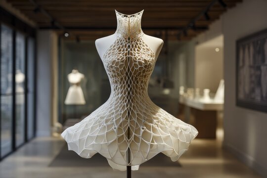 Innovative 3D printed dress displayed in a modern art gallery showcasing contemporary fashion design