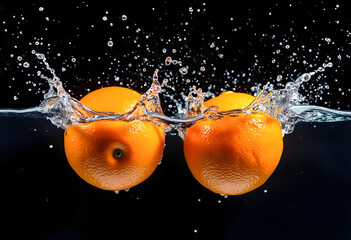 Oranges splashing in water create dynamic patterns and vibrant colors against a dark background