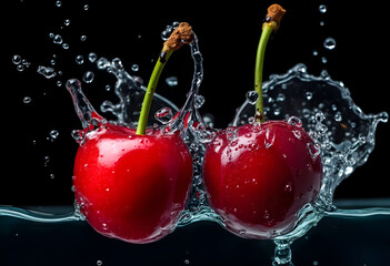 Cherries splash into water creating dynamic droplets and a refreshing display in a dark background