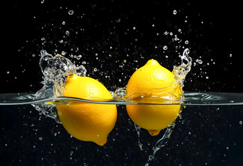 Lemons splash into water creating dynamic droplets in a dark setting during a studio shot