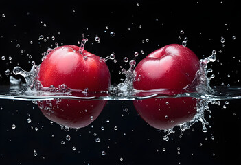 Red apples splash in water creating dynamic droplets against a dark background
