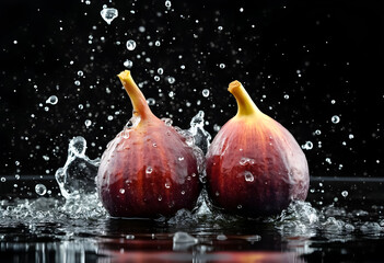 Figs splashing in water create a dynamic moment in a dark setting