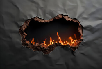Flames flicker through a jagged hole in dark textured material, creating a striking contrast in the ambience