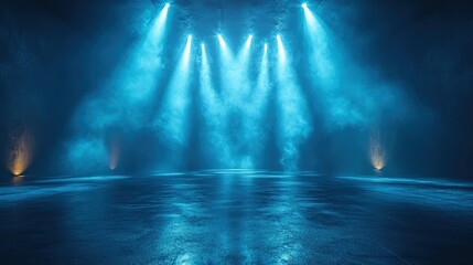 Empty stage lit by blue spotlights
