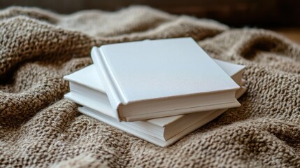 Two Blank White Books Resting on a Brown Knitted Blanket