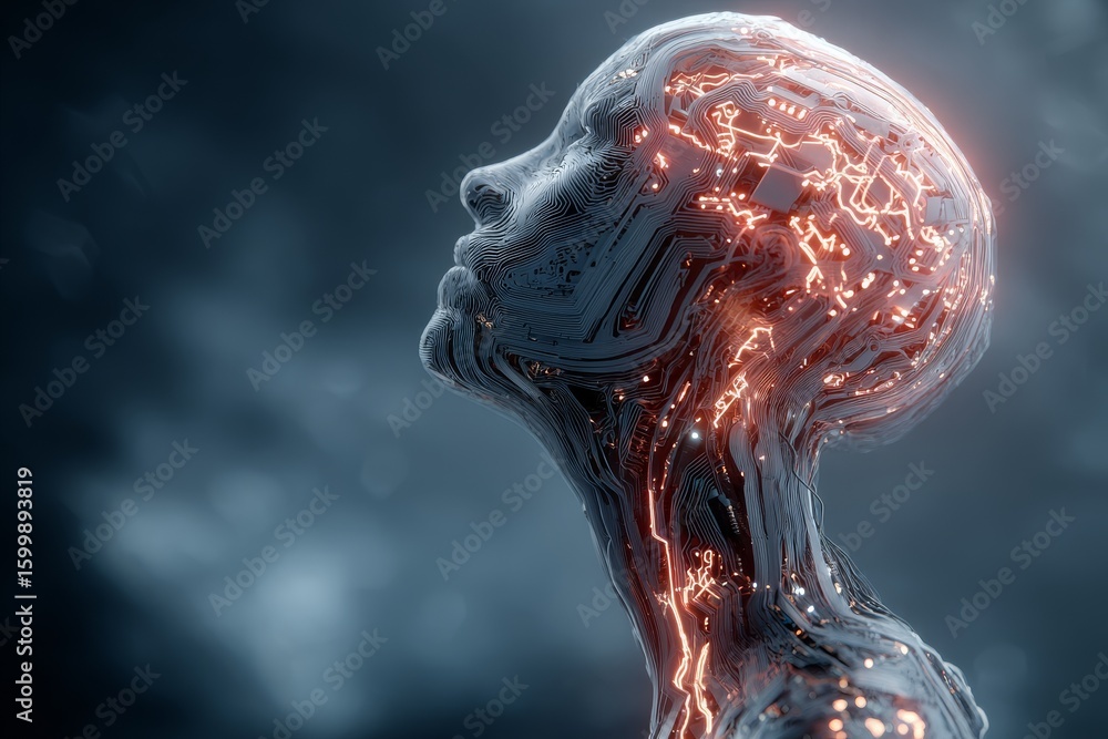 Poster digital representation of a futuristic humanoid silhouette with glowing circuitry, symbolizing artif