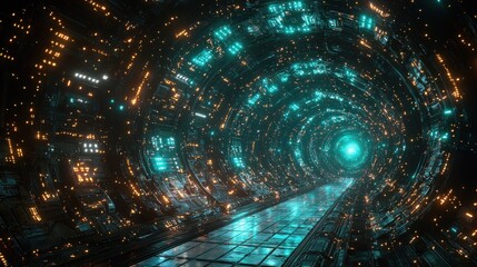 Futuristic Cyberpunk Tunnel: A Digital Journey Through Neon Lights and Technology