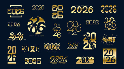 Happy Hew Year 2026 golden gradient numbers and text on dark background. Big gold digit set. luxury decoration on black backdrop. Vector illustration for holiday card poster calendar greeting.