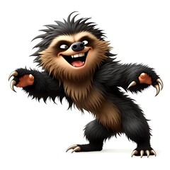 Fototapeta premium Photo of a cheerful cartoon sloth with spiky fur and large claws, dancing happily on a white background