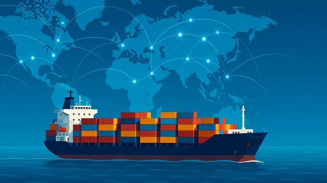 Tariff, trade war. Cargo ship loaded with colorful containers sailing ocean sea shipping transportation global network map showing international