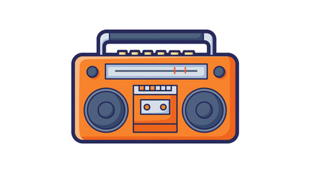 Flat icon image of old orange boombox, bold blue outline, isolated on white