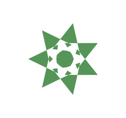 Obraz premium Green abstract eight-pointed star shape with layered polygonal elements. Modern decorative symbol for Islamic art, logos, or pattern design