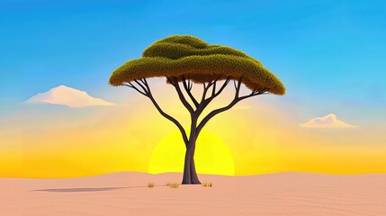 Pixel Art Acacia Tree at Sunset in a Desert Landscape