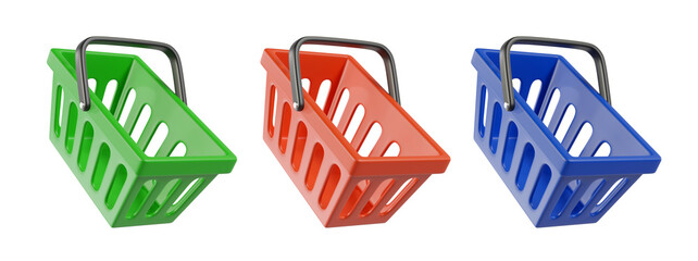 Set of empty Shopping Carts from a supermarket. Red Shopping Basket, green Shopping bag, blue shopping cart. 3d rendering of the icon on a transparent background
