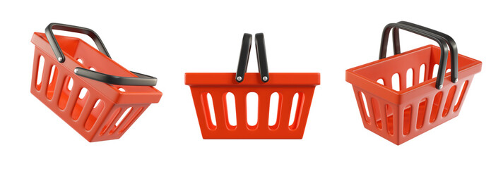 Set of empty Shopping Carts from a supermarket. Different Shopping Basket angles. Shopping bag. 3d rendering of the icon on a transparent background
