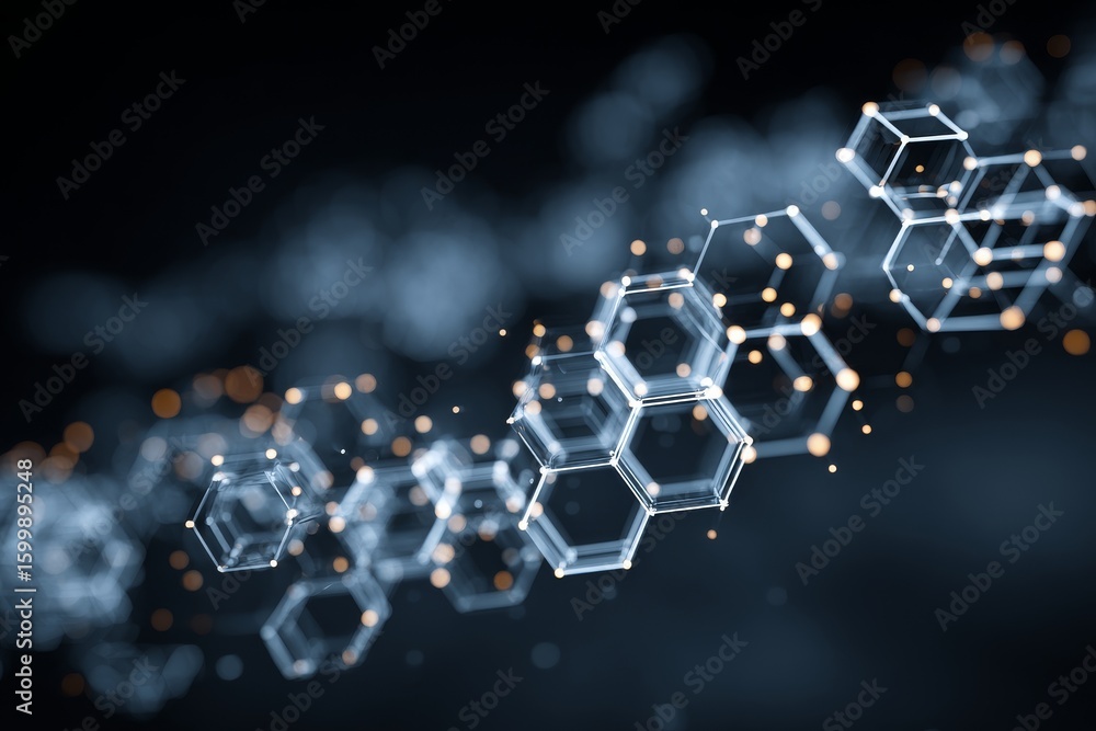 Poster abstract representation of molecular structures with hexagonal shapes and glowing particles in a dar