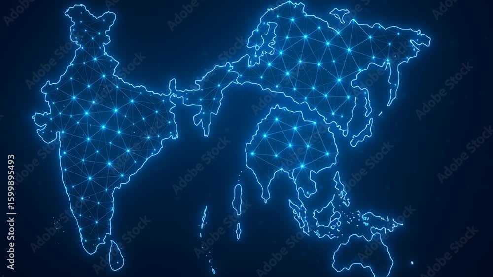 Poster tariff, trade war. digital map showcasing network connectivity across india with glowing blue lines 