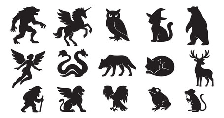 Obraz premium Mythical creatures and animals silhouettes werewolf unicorn