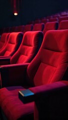 Close-up of plush velvet theater seats, dim lighting, casting soft shadows Perfect for relaxation and tranquility Ideal for advertising theater experiences , tranquility, stage, peace