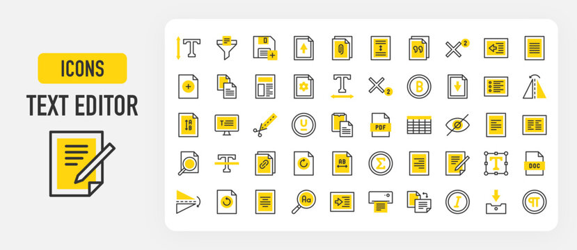 Text editor vector icons. Doc, Pdf, Print, Hidden, Line Spacing, Filter, Attachment, Paste, Write, Table, Font, Justify, Cut, Flip, Height, Horizontal, Import vector stroke illustration.	
