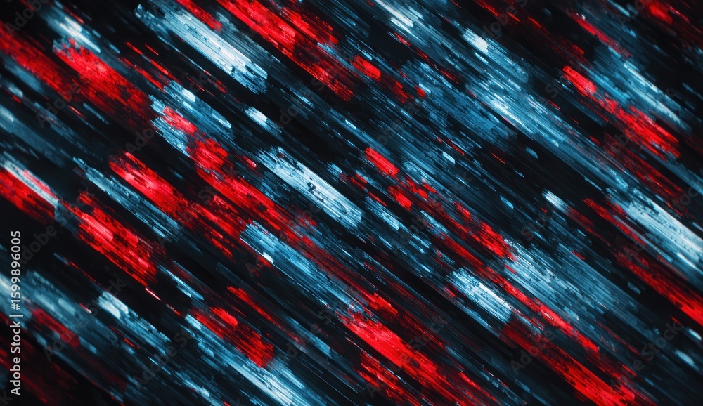 Poster abstract design with diagonal lines of red and blue hues.