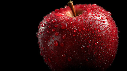 A single red apple with water drops on a black background with a different composition