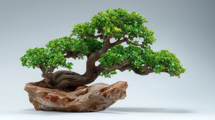 Fototapeta premium Bonsai tree, miniature Japanese garden plant in a rustic stone pot. Zen aesthetic nature photography, organic green foliage and twisted wood texture.