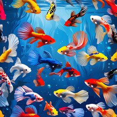 Naklejka premium Seamless pattern with marine life: fish, octopus, dolphin, starfish, crab, shark, and turtle in a cartoon underwater illustration