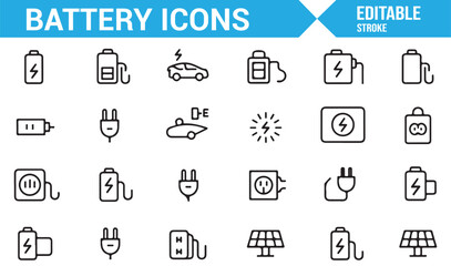 A collection of power and battery icons for devices, electric cars, and energy storage