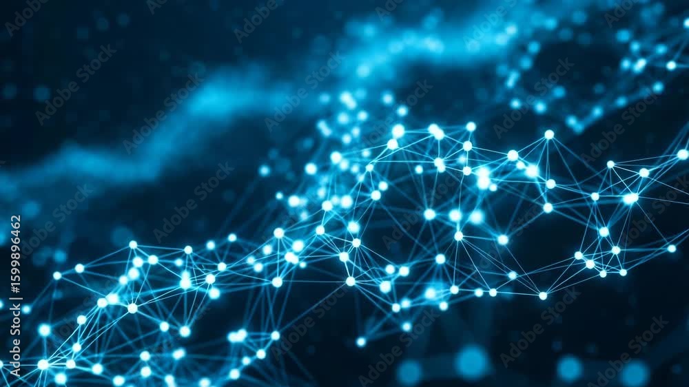 Poster abstract digital network of glowing blue nodes and lines representing data and connections
