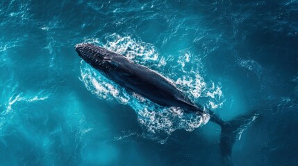 Fototapeta premium Majestic whale swimming gracefully in deep blue ocean water under sunlight.