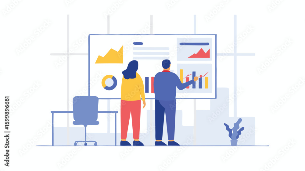 Aufkleber people presenting data on a whiteboard with charts and graphs in an office environment setting desig