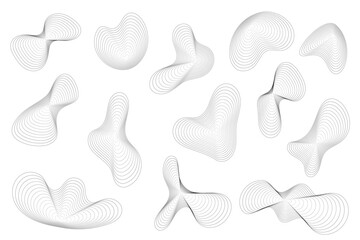 Topographic organic shapes with abstract circular wavy pattern. Vector concentric ripple sound graphic on white background. Contour fluid grid of dynamic pulse. Outline contour illustration