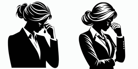 Business woman wiping tears. Corporate Finance Cartoon Minimal Clipart Line Art Vector Illustration. Female professional with sorrow cleaning her face expressing emotion woe.