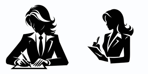 Business woman writing notes. Corporate Finance Cartoon Minimal Clipart Line Art Vector Illustration. Female professional jotting memo marketing concept for office executive.