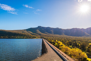 Lake Bellfield fresh water dam on a bright day at the eastern Grampians near Halls Gap, Grampians...