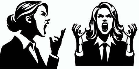 Business woman yelling angrily. Corporate Finance Cartoon Minimal Clipart Line Art Vector Illustration. Female professional shouting anger fury upset mad entrepreneur emotion.